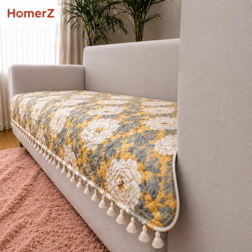 Image of Homerz Premium Printed Quilted Velvet Sofa Slip Cover Protector with Tassels, Sofa Mat, Exact Size, Antislip Cover (Antique Garden, 3 Seater, Half)