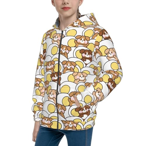 Cute Dog with Big FFried Egg Kid Hoodies Boys Zip Up Sweatshirts Girls Pullover with Pocket