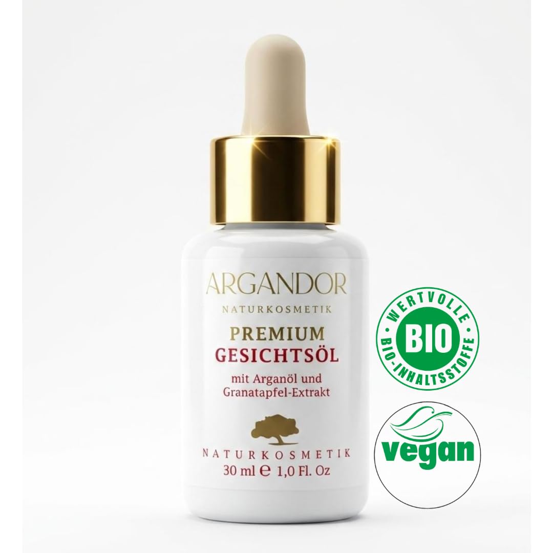 ARGANDOR PREMIUM GESICHTSÖL mit Bio-Arganöl und Bio-Granatapfelextrakt - Zertifizierte, vegane Biokosmetik, exklusiver Wirkstoffkomplex mit Bio-Ölen für Gesicht und alle Hauttypen, fair, nachhaltig