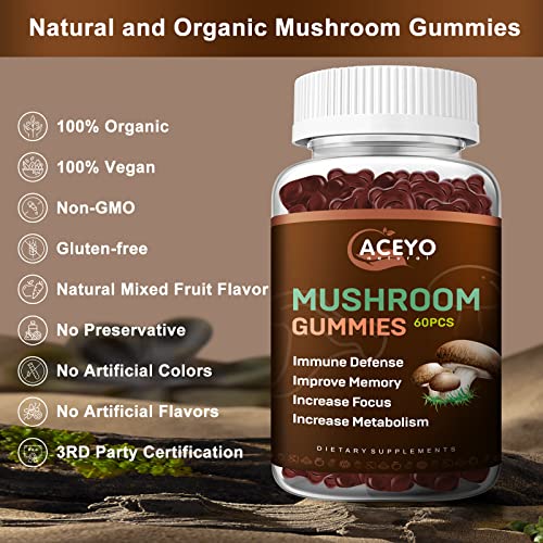 ACEYO Mushroom Gummies Complex Supplement 3000mg -Lions Mane, Ashwagandha, Turkey Tail, Cordyceps, Chaga, Reishi Mushroom- Nootropic Brain Supplements for Memory and Focus, Energy and Immune Support - Image 6