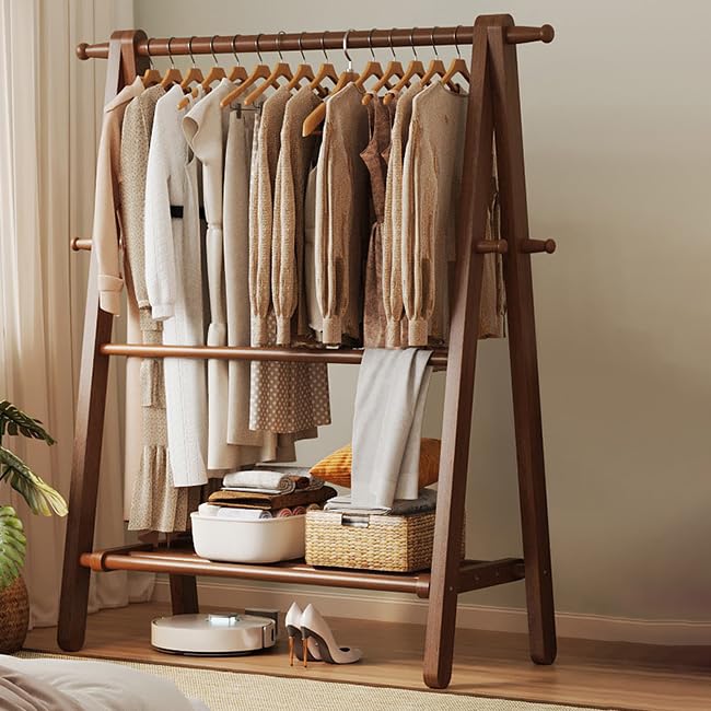 Appendiabiti In Legno Di Faggio Massello – Rack Per Vestiti Pieghevole Con Ripiano E Barra. Design Vintage E Struttura A “A” Stabile. Scegli La Lunghezza! - 4