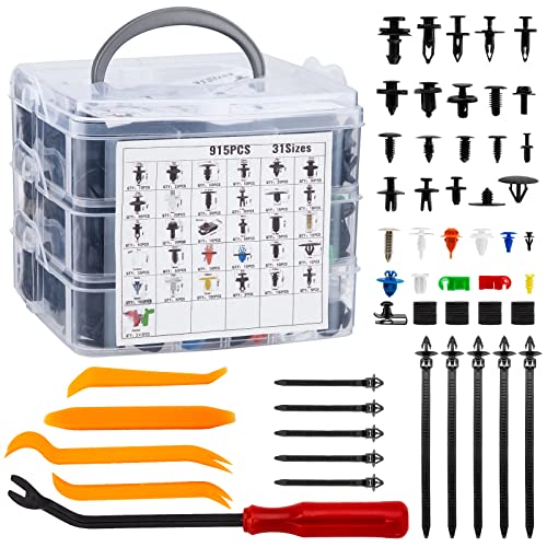 LESOLEIL Befestigungsclips Auto 970 Stück, Universal Türverkleidung Klammern Stoßstangen Zierleisten Clips Set mit Demontage Werkzeuge, Schwammig Kissen und Kabelbinder