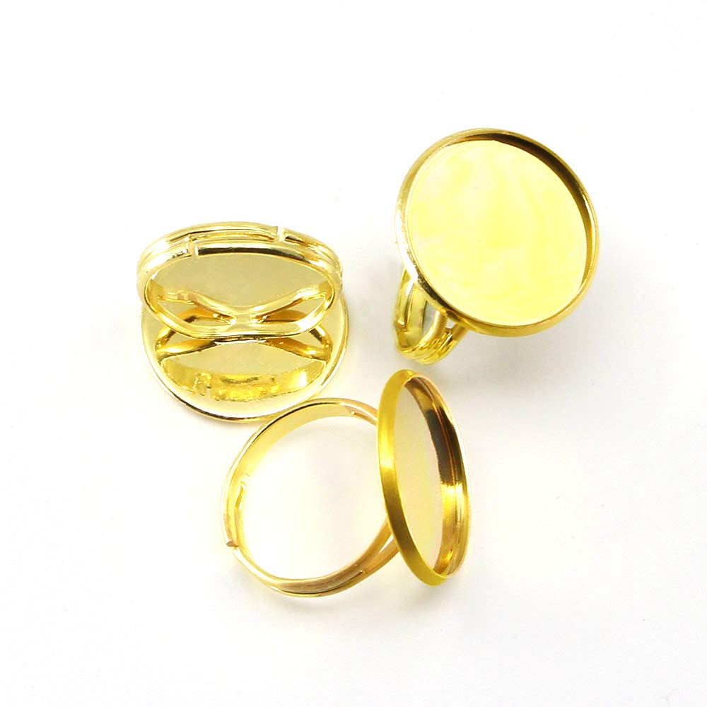 10pcs/lot Adjustable Ring Blanks Base Fit Dia 8-25 mm Glass Cabochons Cameo Settings Tray Finger Ring Base Blank Bezel Tray for DIY Making Rings (Gold, 25mm(0.98inch)*10pcs)