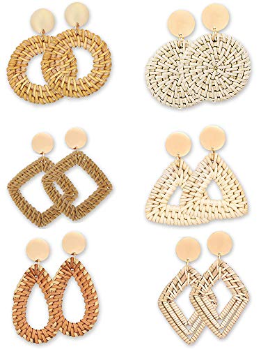 Trounistro Woven Rattan Tassel Earrings Tassel Hoop Earrings Bohemian Geometric Statement Drop Earrings for Women Girl(Color style 1,6 Pairs)