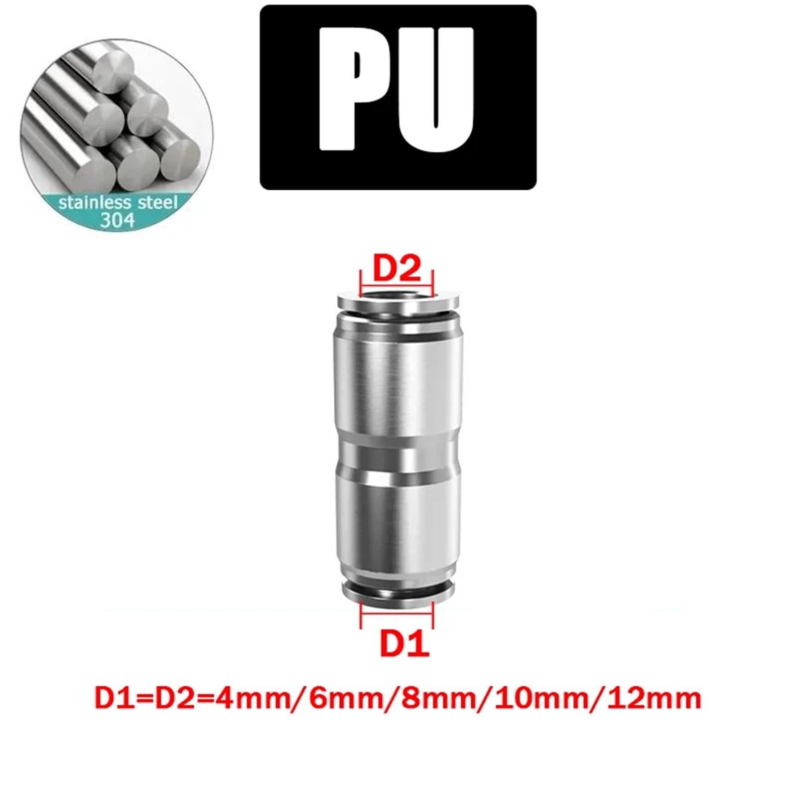 50pcs Air Pneumatic Fittings 4mm Fitting PU PV PY PE PM PK 304 Stainless Steel Hose Quick Couplings Pipe Connectors(PU (Stainless Steel))