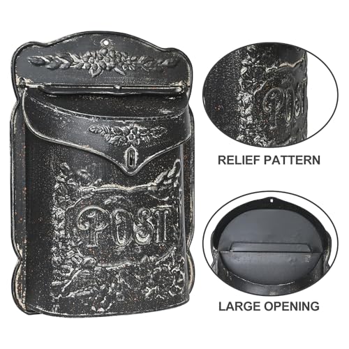 Image of Wall Mount Mailbox for Outside Vintage Mail Boxes for House Outside Metal Door Mailbox Drop Box Antique Style Nostalgic Charm Home Decorative, Flower Pattern, Black