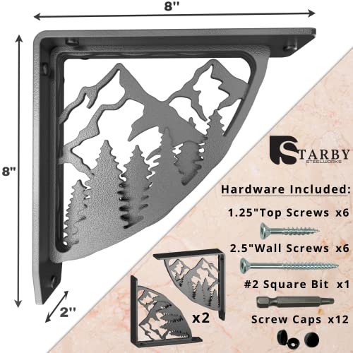 Starby Heavy Duty Shelf Brackets ~ Metal Wall Corbel Supports For Countertop, Mantel, Shelves ~ Rustic Wrought Iron Black ~ Hand Welded Stacked Steel ~ 500# Capacity ~ 2 Pack - 8"X8" ~ Made In Usa #TOP2