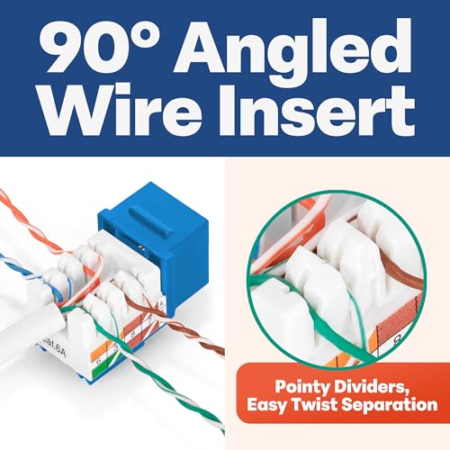 Image of Everest 90 Degree RJ45 Cat6A Keystone Jacks Slim Profile 10-Pack Blue