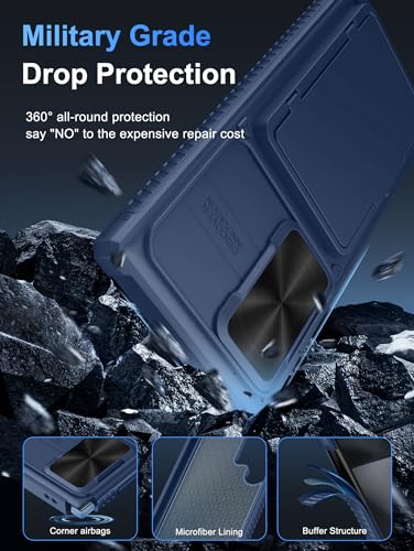 Image of Vihibii PC For Samsung Galaxy S24 Ultra Back Cover With Card Holder (4 Cards) & Slide Camera Cover & Kickstand, Hard Case For Galaxy S24 Ultra, Blue