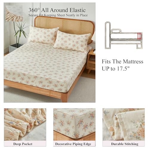 Image of FADFAY Full Floral Sheet Set - 4 Piece Floral Bed Sheets, Soft and Breathable Cotton Double Gauze, Includes 1 Fitted Sheet, 1 Flat Sheet and 2 Pillowcases (Cream)