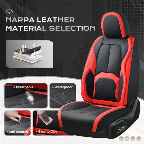 Image of Coverado Seat Covers, Car Seat Covers Front Seats, 2 Pack Black and Red Leather Seat Covers, Waterproof Car Seat Protector with Lumbar Support, Front Seat Covers Universal Fit for Most Cars