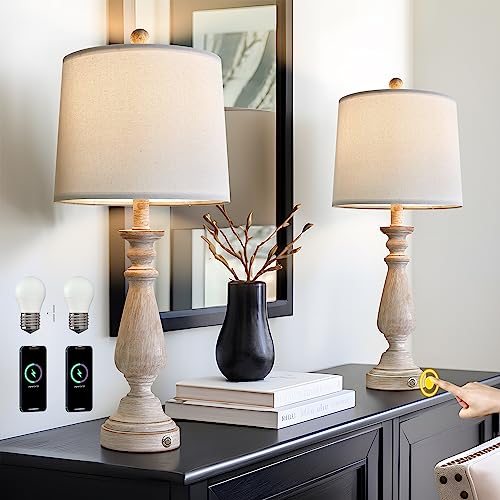 Portres 25.75 Inches 3 - Way Dimmable Touch Lamps Set Of 2 For Bedroom Rustic Bedside Lamp With Usb Ports For Living Room Kids Room Study Room （Resin） #TOP1