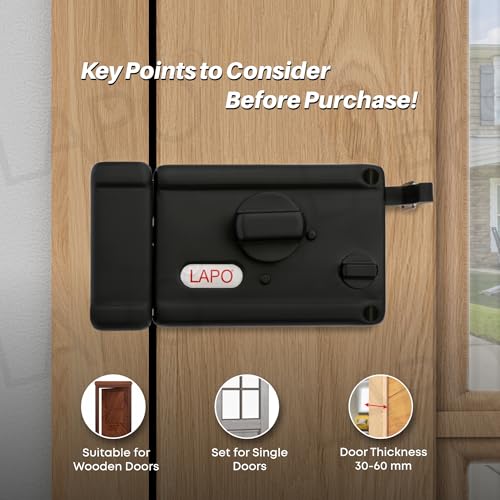 Image of LAPO Rim Lock, Applicable to Main & Safety Doors, TwinPin Extreme Dead Bolt Lock, Suitable for Single, Sliding & Gate Doors, Black Finish, 3 Keys, Reversible Knob, 3 Years Warranty
