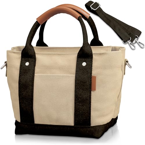 [アンコール] ミニトートバッグ 仕切り 【高見え革巻きハンドル】 キャンバス トートバッグ レディース メンズ 2WAY 自立 軽量 小さめ ファスナー 帆布 ショルダーバッグ (ブラック／ベージュ)の商品画像（Amazon）
