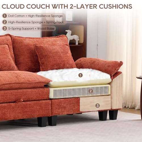 Image of IPKIG 151 inch Modular Cloud Couch with Storage, U Shaped Sectional Sofa with Ottoman & Pillow, Chenille Deep Seat Sectional Couches for Living Room, Apartment, Orange