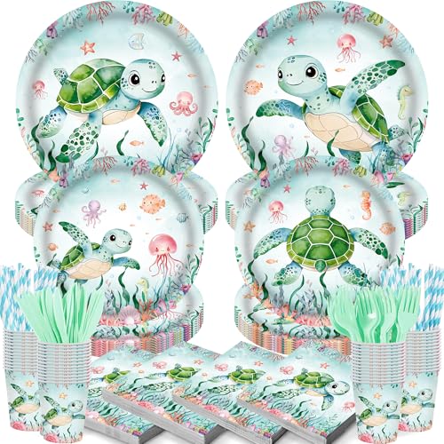 168PCS Ocean Turtle Birthday Party Decorations Under the Sea Decoration Ocean Green Turtle Theme Party Tableware Set Plates Napkins Cups Tableware Turtle Birthday Party Supplies Serves 24 Guests
