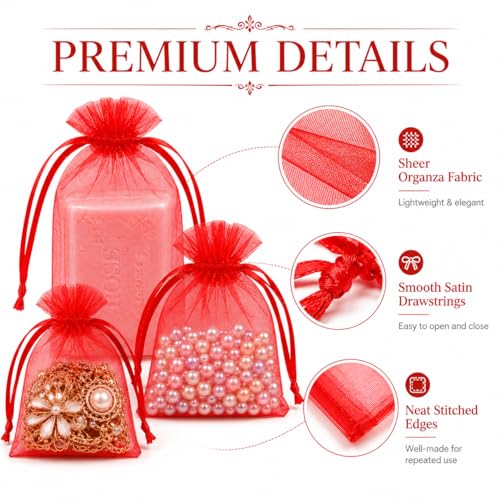 Image of Hopttreely Red Organza Gift Bags 50PCS, 4x4.72 High-Density Mesh Drawstring Favor Pouches for Small Business, Jewelry, Wedding Party Favors, Candy, Goodie Bags & Storage