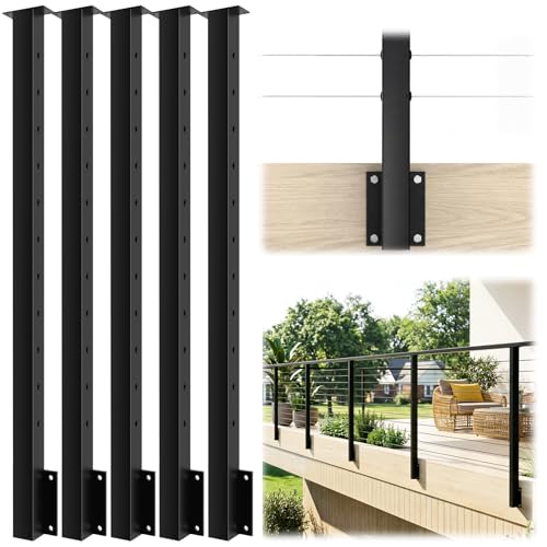 Image of 5 Pack Side Mount Level Drilled Cable Railing Post 36 inchx2 inchx2 inch(Post Body 44 inch), Fixed Top Line Post with 11 Holes, Fascia Mount Stainless Steel Cable Deck Rail Post, Black Wood Concrete Deck Post