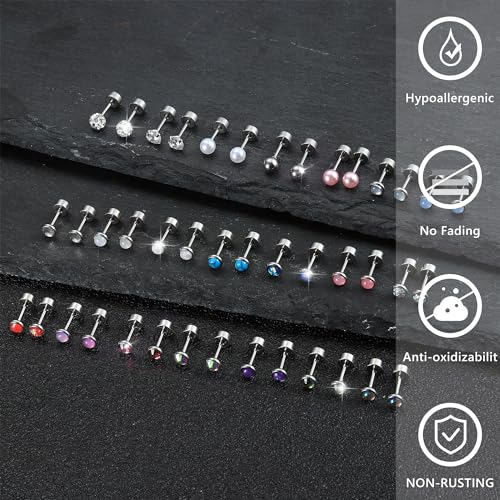 LOYALLOOK 21Pairs 20G Hypoallergenic Stud Earrings Set for Women Men 316L Stainless Steel Cartilage Flat Back Stud Earrings CZ Opal Screwback Earrings Studs Piercing Jewelry Multicolored4