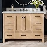 ARIEL Cambridge 48-inch Bathroom Vanity with Sink,Solid Wood, 1.5-inch Pure White Quartz Countertop, Single Rectangular Porcelain Sink, 2 Soft Closing Doors, 9 Dovetail Drawers, White Oak