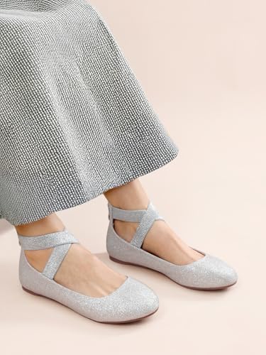 DREAM PAIRS Women's Comfortable Fashion Elastic Ankle Straps Flats Shoes,Size 8,Silver/Glitter,Sole_Stretchy