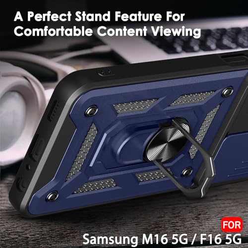 Image of TheGiftKart Tough Armor Bumper Back Cover Case for Samsung Galaxy M16 5G / F16 5G | Sliding Camera Cover, Kickstand & Ring Holder | 360 Protection Back Case for Samsung M16 / F16 5G (PC & TPU, Blue)