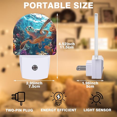 Image of Night Lights Plug into Wall Sea Turtle Swimming in Ocean Night Light Dusk to Dawn Smart Sensor Decorative Round Led Lamp for Bedroom Kitchen Hallway Nightlight for Women Men