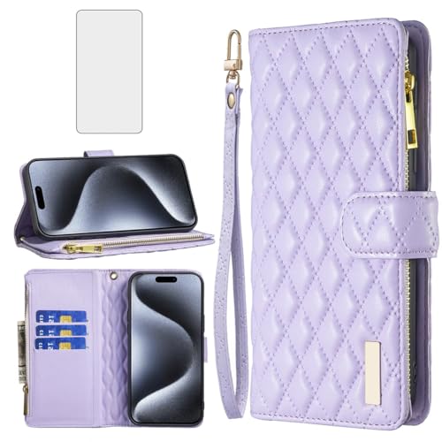Housse iPhone 15 Pro Max anti-rayure avec étui portefeuille cuir et protège-écran