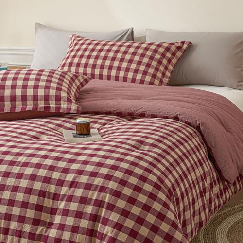 Image of Cyusri Cotton Plaid Queen Comforter Set - Soft Lightweight Bedding 3 Pieces Dyed Bed Set with 2 Pillow Shams,Reversible All Season Farmhouse Down Alternative(Queen Size 90 inchx90 inch Retro Red)