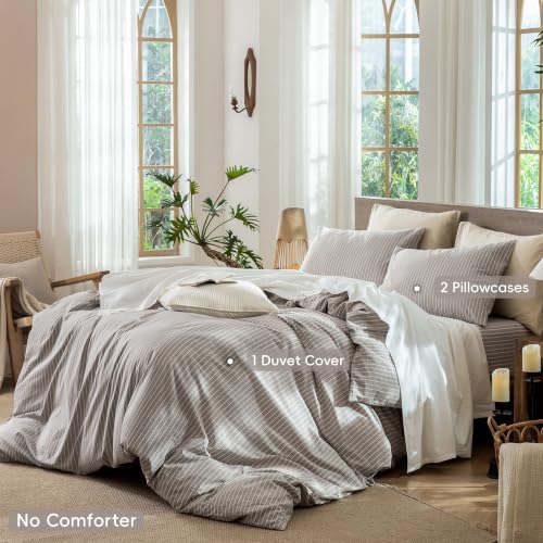 Image of MooMee Striped Duvet Cover Set 100% Washed Cotton Linen Like King | Relaxed Linen-like Texture. Soft, Breathable & Long-lasting Comfort. Lightweight. Hidden Zipper with 8 Interior Corner Ties