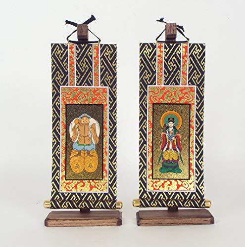 オリジナル掛軸台付きセット ブラウン色 (高さ23p) 20代脇尊(両側)日蓮宗 大黒天・鬼子母神 紺金