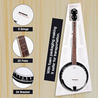 ADM Banjo 5 String Full Size Banjoes Set, 38 Inch Beginner Banjo Kit with Resonator, Remo Drum Head, Open or Closed Back, Gift Package Free Lessons Starter Accessories for Adults Teenager, Black