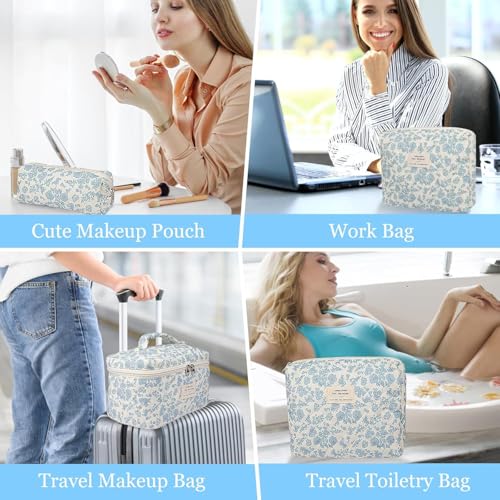 Image of Lyrovo Makeup Organizer Cosmetic Bag Quilted Large Floral Make Up Organize Set for Women Flower Travel Toiletry Bag (Green-White)