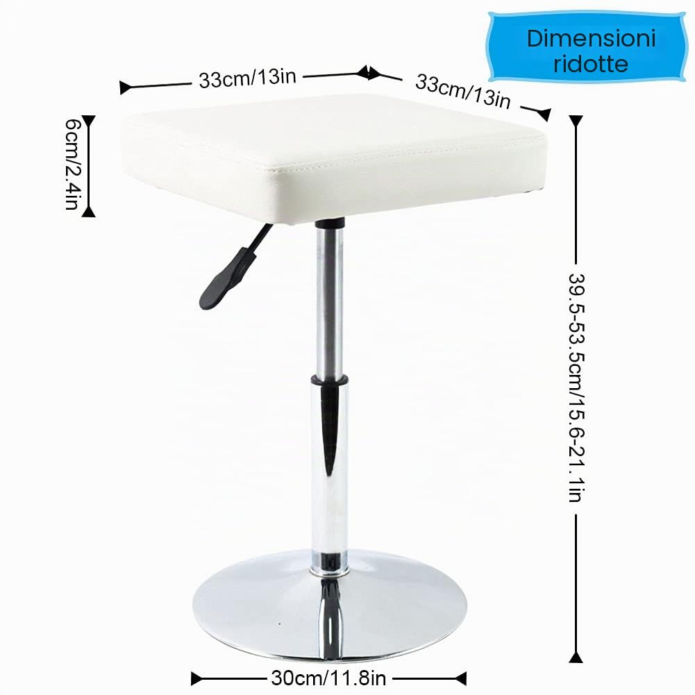 FURWOO - Sgabello quadrato in pelle PU, altezza regolabile, sgabello girevole per garage, medico, spa, barbiere, lavoro con ruote, per la casa, piccolo(Whtie)