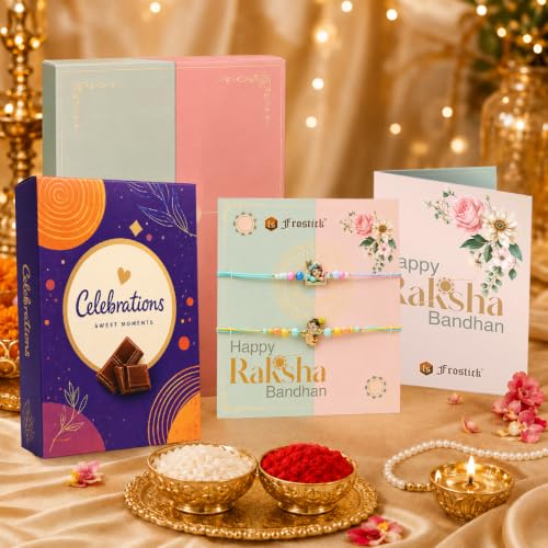 Image of Frostick Kid's Rakhi Gift Set - 2 Little Krishna and Hanuman Rakhis, 1 Celebrations Chocolate Pack, Roli Chawal, Greeting Card | Perfect Raksha Bandhan Chocolate Combo for Brother