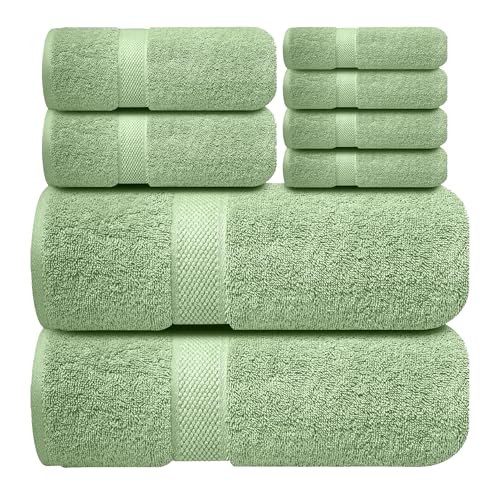 Image of Sulfar 100% Combed Cotton, 8 Pcs Towel Set - 2 Bath Towels (70 x 140 cm), 2 Hand Towels (40 x 70 cm) and 4 Face Towel (30 x 30 cm) (600 GSM, Pack of 8) Nature Green