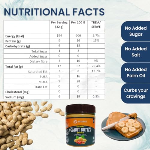 Image of Ayuska Natural Creamy Peanut Butter Unsweetened - 340g | Healthy Creamy Spread for Breakfast, Snacks & Gym Diet | No Sugar, Zero Trans Fat, Cholesterol-Free | Rich in Protein, Vitamin E & B3