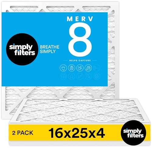 Simply 16x25x4 Air Filter MERV 8, 2 Pack, For Home AC Furnace & HVAC (Actual Size: 15.5'x24.5'x3.63') DUST Pet&Allergy Control