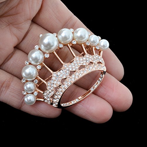 Image of Large Gold Tone Crystal Queen Crown Pin Brooch With Pearl Wedding Bridal Pin
