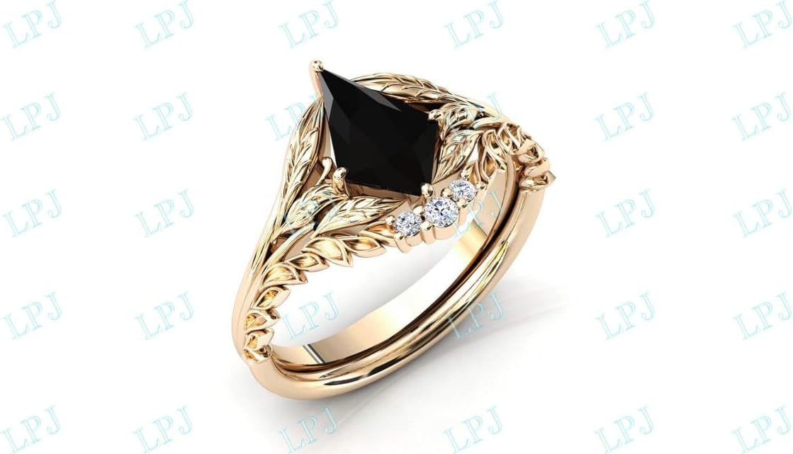 Vintage 1 CT Kite Shaped Engagement Ring Set Art Deco Leaf Wedding Ring Set Black Gemstone Antique Bridal Ring Set Anniversary Ring Set For Women Unique Promise Ring Sets