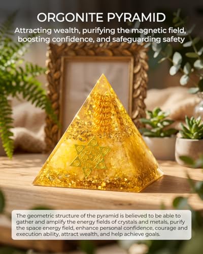 Image of Healing Crystals Orgone Pyramid (Hexagram - Star of David) - Energy Generator for Positive Vibe, Stress Relief & Chakra Reiki Meditation - Spiritual Gift for Success, Wealth & Prosperity (Golden)