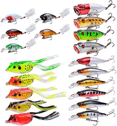 Aorace 20pcs Fishing Lures Kit Mixed Including Minnow Popper Crank and Plastic Soft Lures Frog Lures for Saltwater Freshwater Trout Bass Salmon Fishing