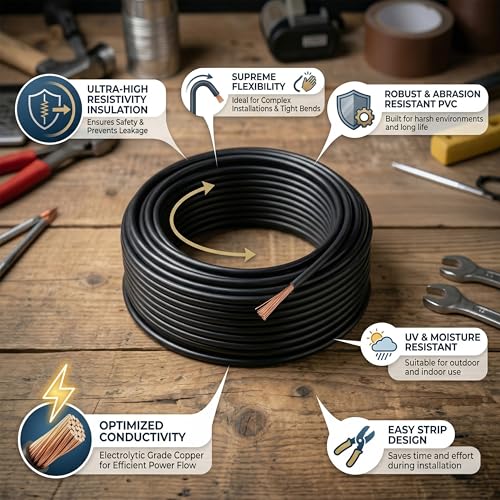 Image of VRINDA Black 1mm 90 Meter Electrical Wire | FR PVC Insulated Flexible CCA Copper Cable for Home, Office & Industrial Wiring | High Durability & Safe Performance