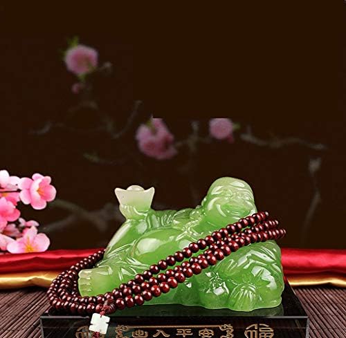 Prime Feng Shui Resin Laughing Buddha Hold Ingot Statue with Crystal Base and Long Bead Ornaments Bless Safety and Wealth Car Home Office Decoration(Green,L)