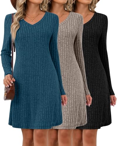 Riyiper 3 Pack Women's V Neck Long Sleeve Dresses, Knit Fall Winter Casual Loose Fit Tunic Sweater Dresses