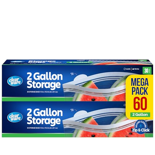 2 Gallon Storage Bags Double Zipper Seal - 60 Count Resealable Thick Plastic Food Storage Bags - Microwave-Safe Zero BPA - Resealable Containers for Lunch Snacks Meals - 2 Boxes