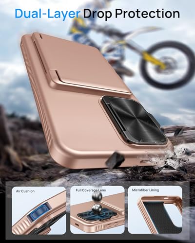 Image of for Samsung Galaxy S25 FE Case with Card Holder & Camera Lens Cover Stand, Military Grade Drop Protection Shockproof Rugged Stand Wallet Protective Phone Case for S25 FE 2025, Rose Gold