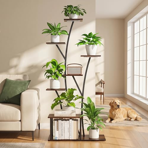 Image of Quikraen 7 Tier Tall Plant Stand with Grow Light For Indoor Plants Growing 60in Indoor Flower Stand Tree-Shaped Plant Shelves for Living Room Patio Black