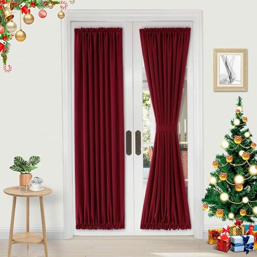 DWCN French Door Curtains – Rod Pocket Thermal Blackout Curtain for Doors with Glass Window, Kitchen and Patio Doors for Privacy, 36 X 80 Inches Long, 1 Curtain Panel with Tieback, Burgundy