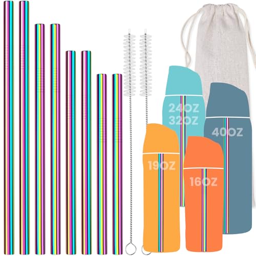 NiHome 8PCS Stainless Steel Straws for Owala Water Bottle, 4 Lengths Compatible with FreeSip 19oz 24oz 32oz 40oz, Tritan 25oz, Kids’ FreeSip 16oz, with Cleaning Brush & Travel Storage Bag (Iridescent)